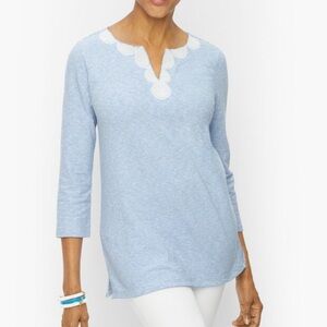 Talbot's Beaded Blue white stripe Tunic Top Cotton Blouse Women's Size Large